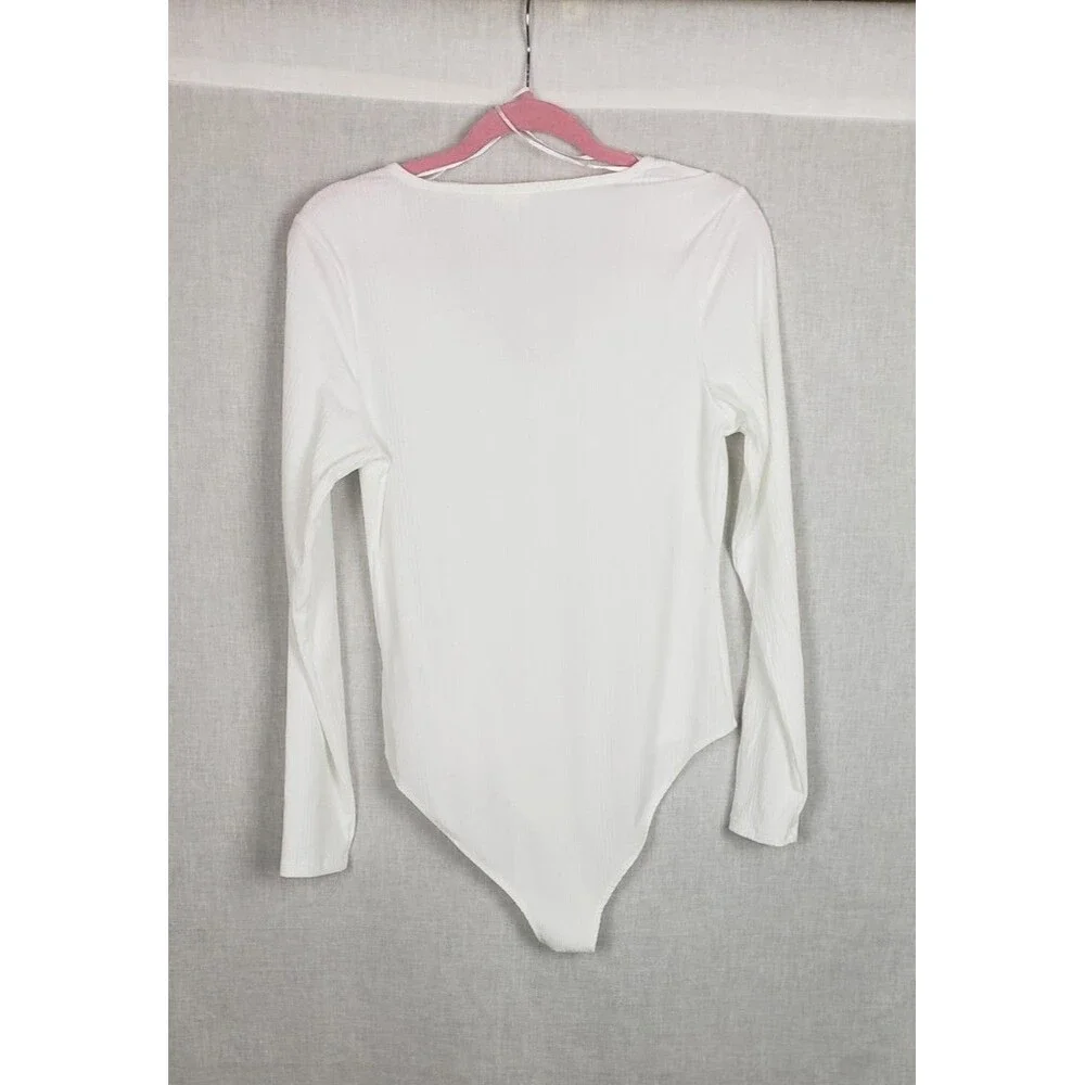 SELF E‎ Bodysuit XL White Ribbed Lace Trim Neckline Long Sleeve Casual Summer